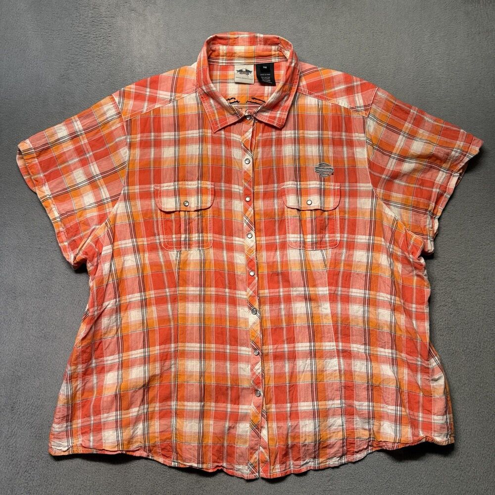 Harley-Davidson Women’s 3W Orange Plaid Western Pearl Snap Shirt Embroidered